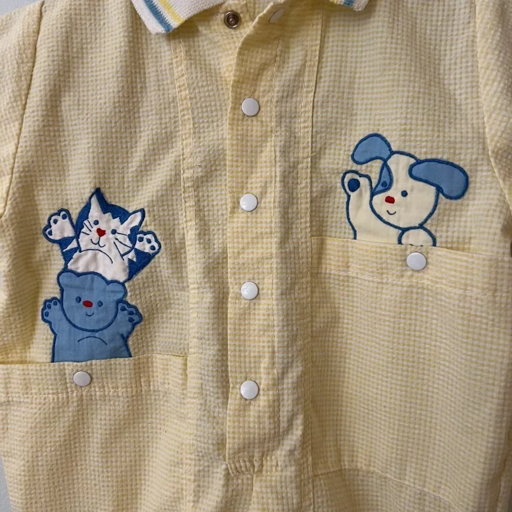 Vintage Yellow Seersucker Puppy Kitten Romper Size 6-9 Months